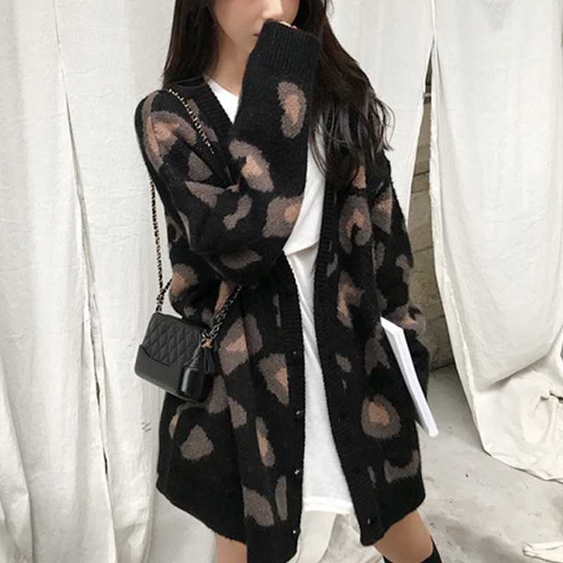 

Cow 2021 New Stamps Blouses Knitted Pink Cardigan Autumn Leopard in v Women's Clothes T3kc UEQ4, Black