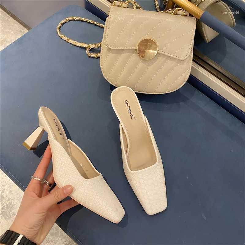 

DEAT 2020 New Summer Fashion Square Toe Shallow Thin High-heeled Hollow Out Solid Color Slippers Women Shoes Tide SE6121, Blue