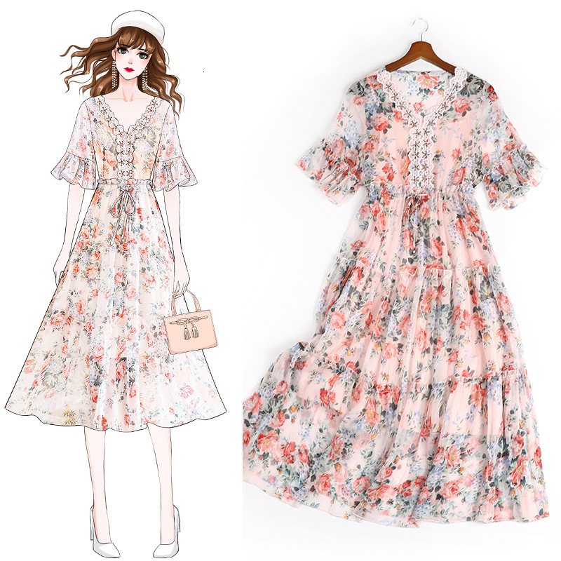 

Size Six Long Chiffon Female Dress More Western Style Lotus Leaf Covering Mid-female Length Ih9h, Pink.