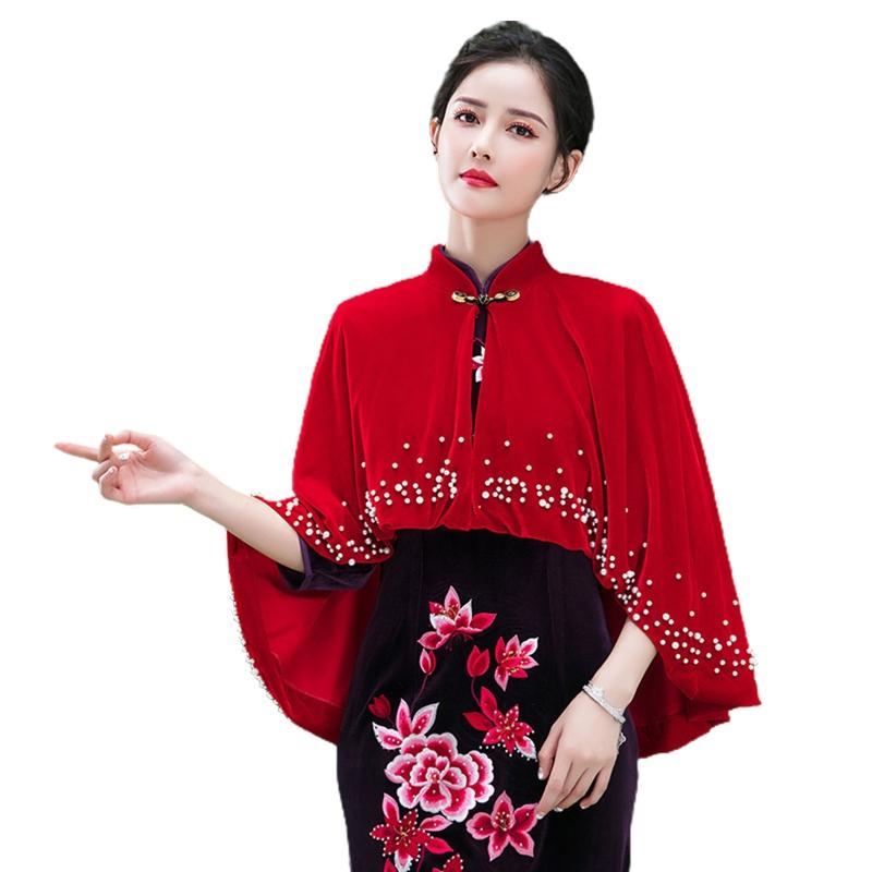 

Women Vintage Velvet Shawl Wrap Stand Collar Pearl Beading Cape Cover Up Shrug 449F, Blue;purple