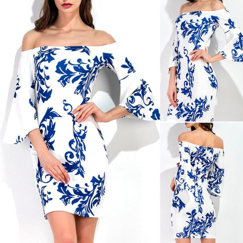 

Women Summer Dress Printing Empire Above Knee Off Shoulder Slash Neck Flare Sleeve Backless Mini Dress Sheath1, White