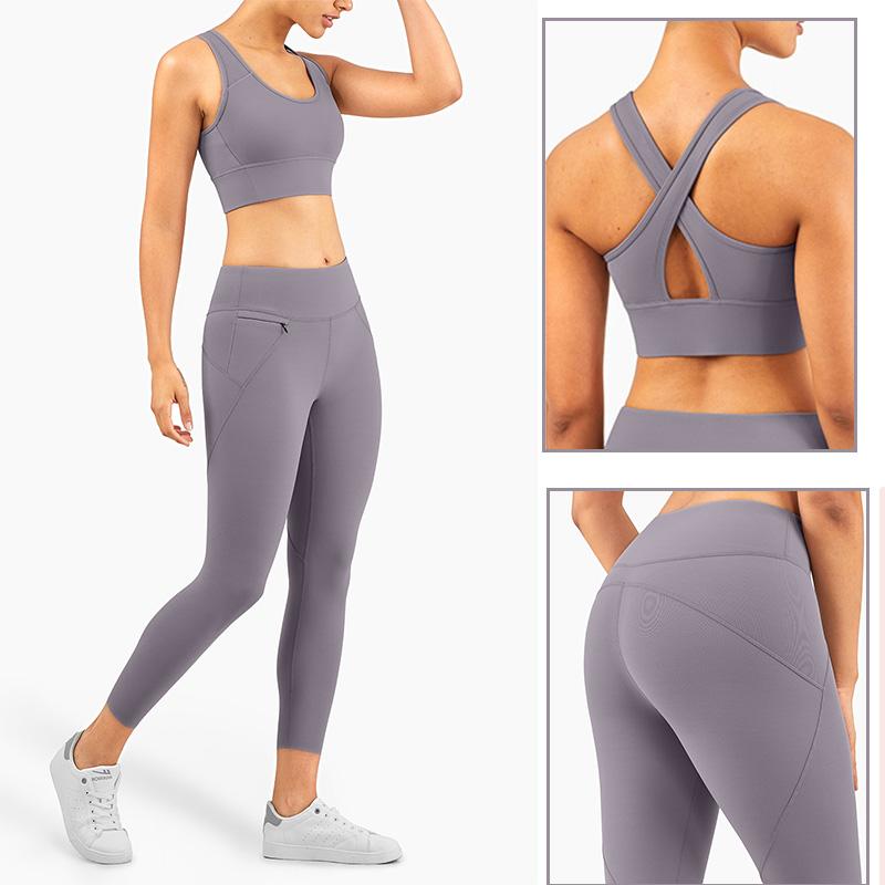 

Yoga Set Women Sportwear Gym Leggings Sports bra set Workout clothes for women Fitness suit 2 Pieces Sports Suits Female, Grayish purple