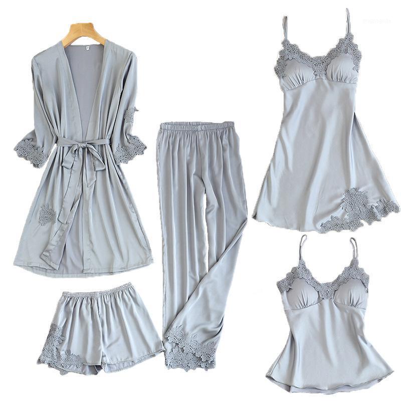 

Women Pajamas Sets Silk-like Bath robe Sleepwear Elegant Sexy Lace Fashion Spring Autumn Homewear Gowns Pijamas 5 PCs New1, Burgundy nigthy