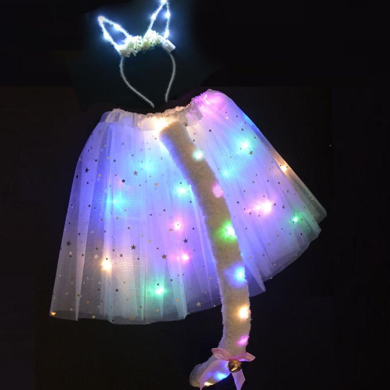 

Women Girl LED Light Glow Anime Cat Cosplay Set Animal Ear Tail Tutu Skirt Party wedding birthday Christmas Halloween
