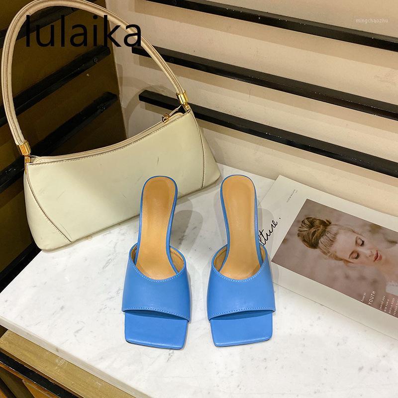 

2020 High Quality Soft Leather Casual Mules Thin High Heel Sandals Summer Women Square Toe Outdoor Slippers Dress Shoes 7 Cm1, Beige