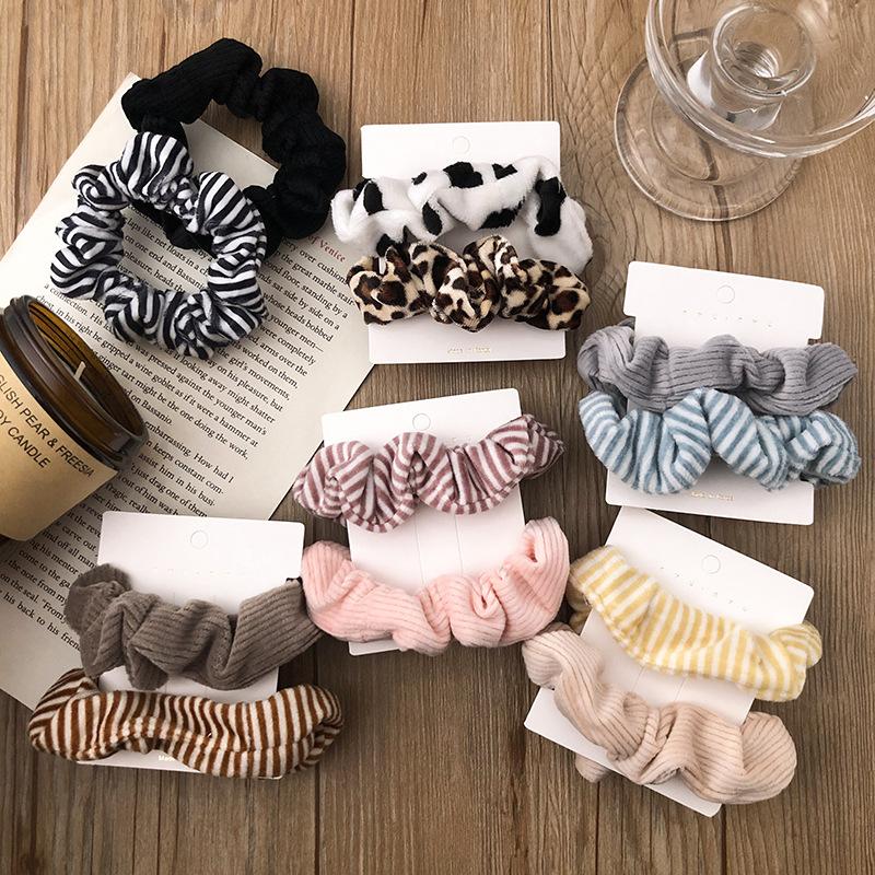 

2PCS/Set Velvet Scrunchies Women Girls Striped Hair Rope Ties Cute Fashion Rubber Band Ponytail Printing Hair Accessories