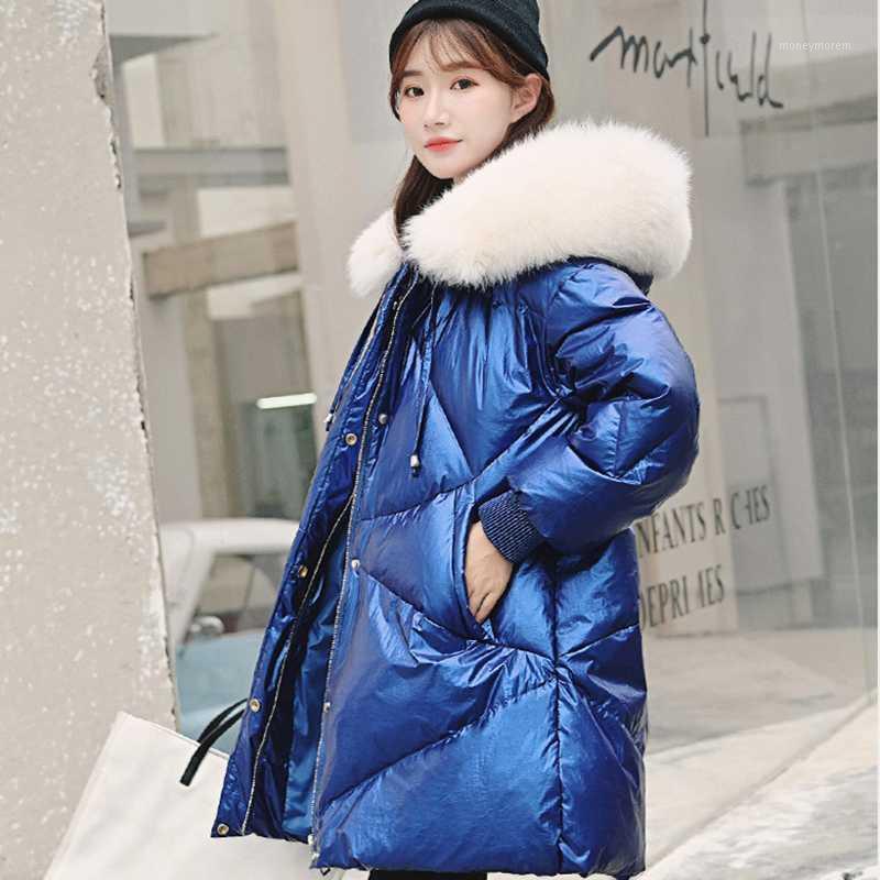 

2020 new winter beautiful collar thick down jacket female medium long women cotton white fashion pure color blue slim overcoat1, Blue simulation col