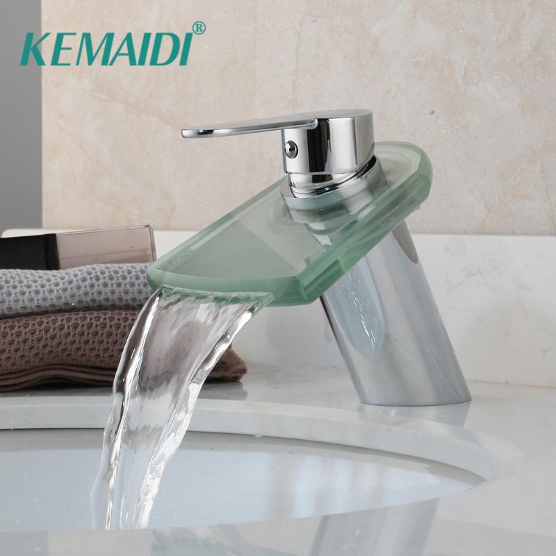 

KEMAIDI Transparent Glass Waterfall Wash Basin Tap 1 Handle Bathroom Chrome Deck Mount Sink Vessel Tap Mixer Faucet