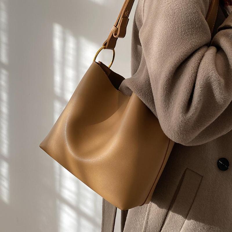 

Vintage Solid color Bucket bag 2021 Fashion New Quality PU Leather Women's Designer Handbag High capacity Shoulder Messenger Bag, Black