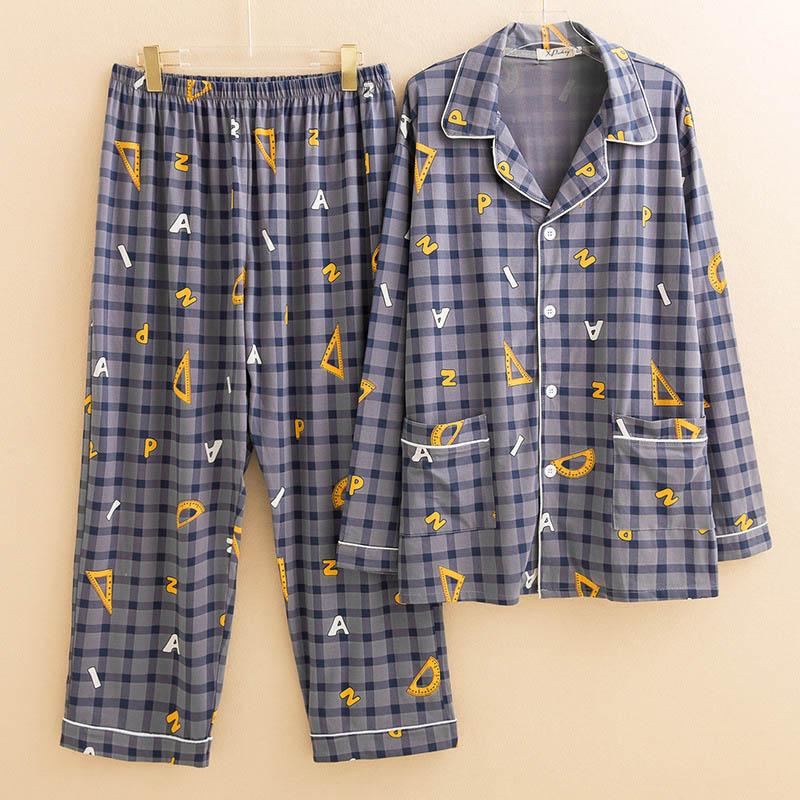 

130Kg Plus size men's autumn plaid knitted cotton pajamas bust 140cm 5XP 6X[ long-sleeved two-piece cardigan loose home service, Blue