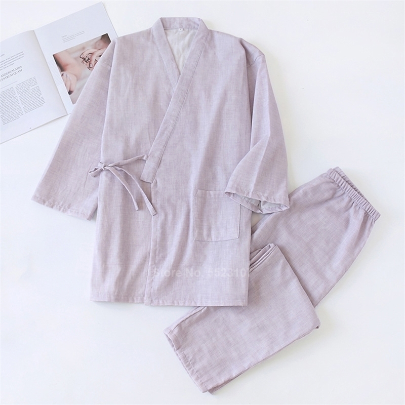 

Women Traditional Japanese Kimono Pajamas Set Pure Cotton Spring Summer Breathable Comfy Sleepwear Yukata Top Trousers Suit 201105, Beige