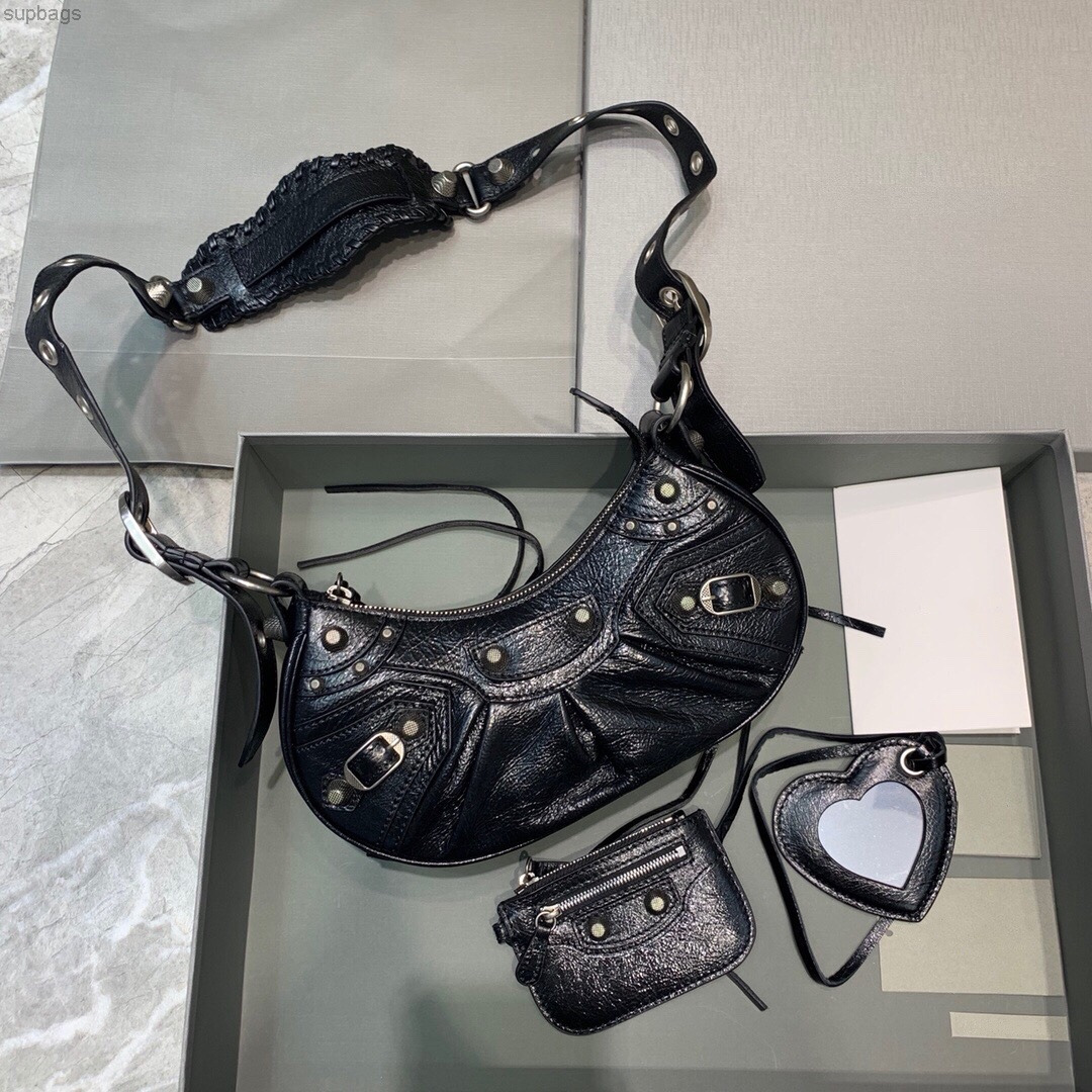 

TOP Quality!!! Luxury Designer Crescent Moon Cross Body Bags WOMEN Genuine Leather Small Vintage Style Motorcycle Bag Heart-shaped Mirror A-001, Grey