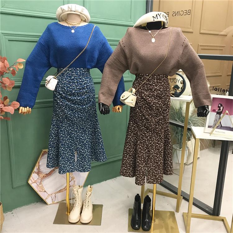 

Korean version of the new long-sleeved pullover sweater women knit sweater floral open + fork skirt two-piece suit women 0923, Brown