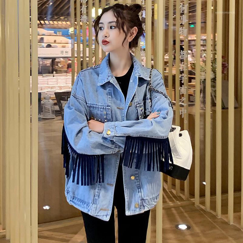 

Women Spring Autumn Fashion Autumn Korean Style Embroidery Tassel Denim Coats Female Long Sleeve Large Size Casual Loose Jackets1, Deep blue