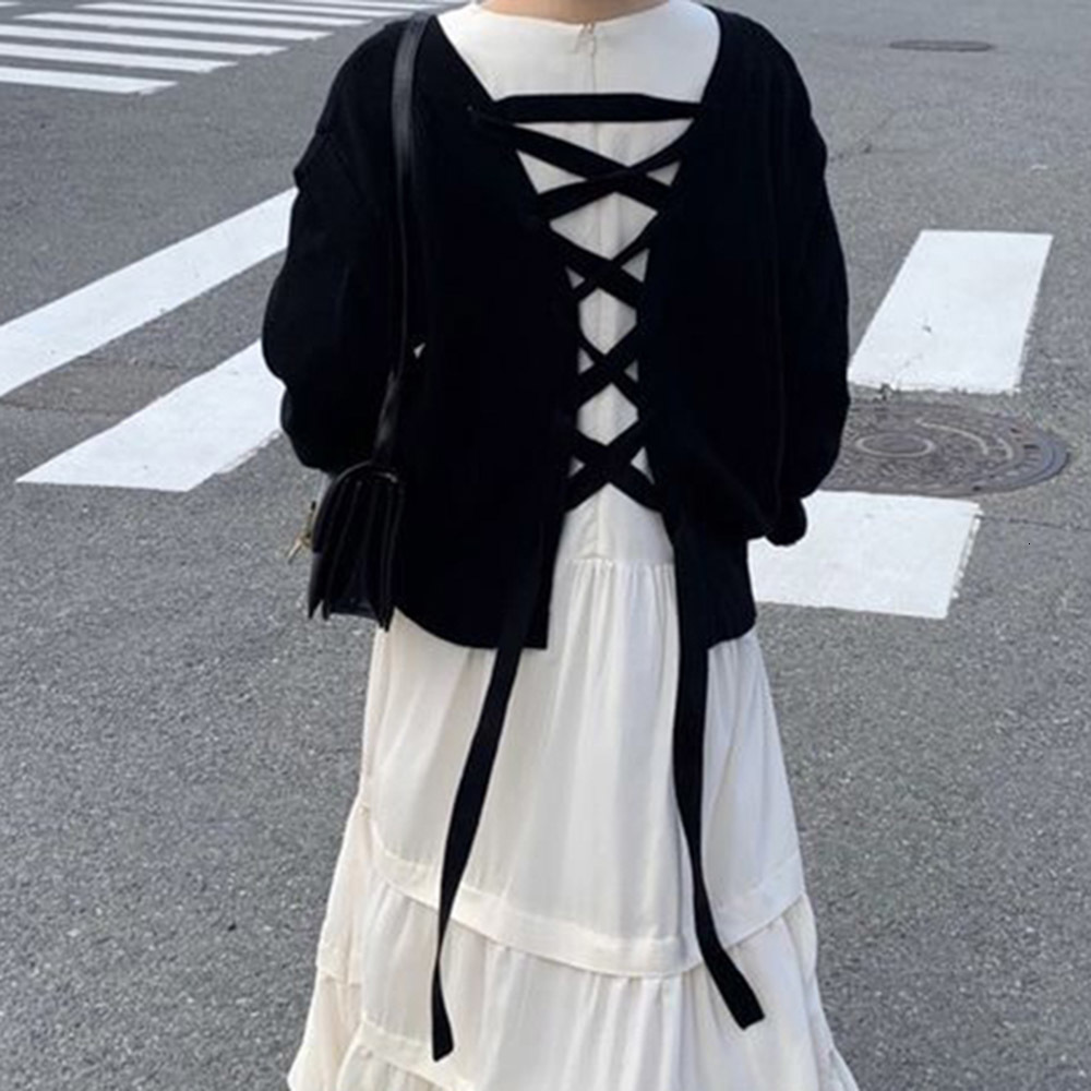 

2021 New Chic All-match Sweater Lace Knit Cardigan Korea Loose V-neck Design Single-breasted Pullover Style Women Top LWG2, Black