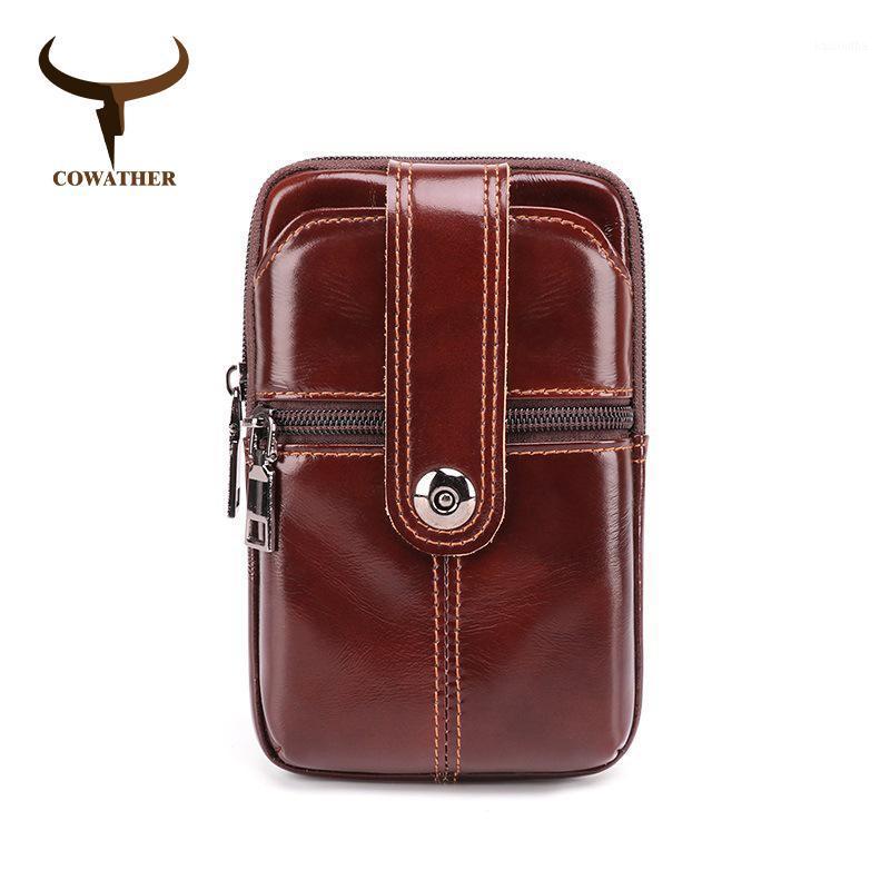 

COWATHER cow genuine leather waist bag for men top quality leather big capacity fashion vintage design cowhide waist pack1, Sky blue