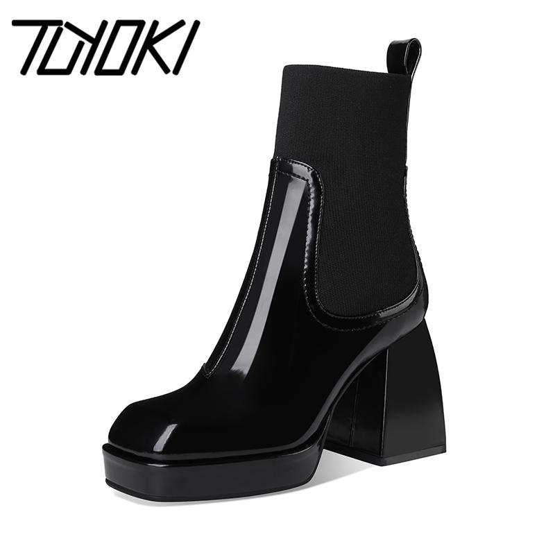 

Tuyoki Fashion Genuine Leather Boots Women Ankle Boots Thick High Heels Square Toe Winter Warm For Women Size 33-40, Black without fur