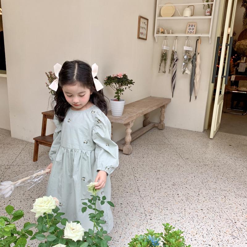 

Embroidery Flower Cotton Dresses for Toddler Girls New Spring and Autumn Korean Little Girl Princess Dress Kids Aline Cloth, Light green