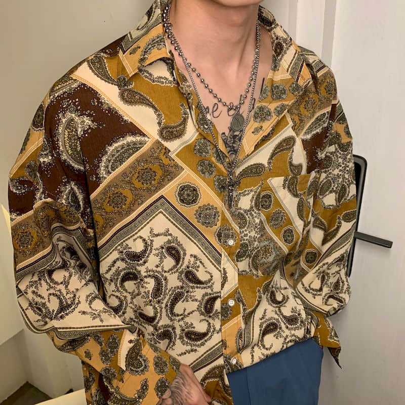 

2021 New Spring/autumn Nostalgic Tie-dye Hainan Loose Shirts Men Blouses Women Korean Style Trendy Silky Drape British Long-sleeved Un3l, Blue