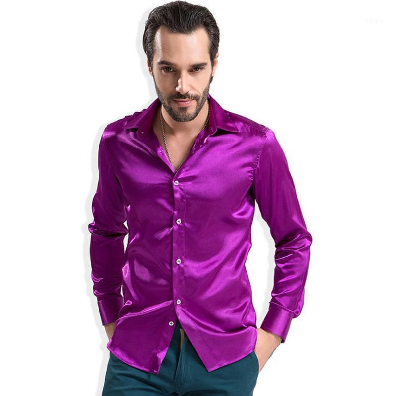 

Newest Men's Performance Shirt Faux Silk Slim Long Sleeve Shirts Mercerized Multi Color Party Shirt Banquet Costume1, Blue