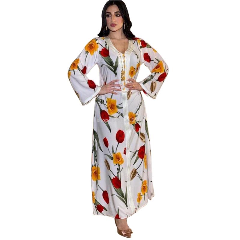 

White Floral Abaya Dress for Women Fashion Ribbon V Neck Long Sleeve Arabic Dubai Muslim Turkey Clothes Plus Size 2020, White dress