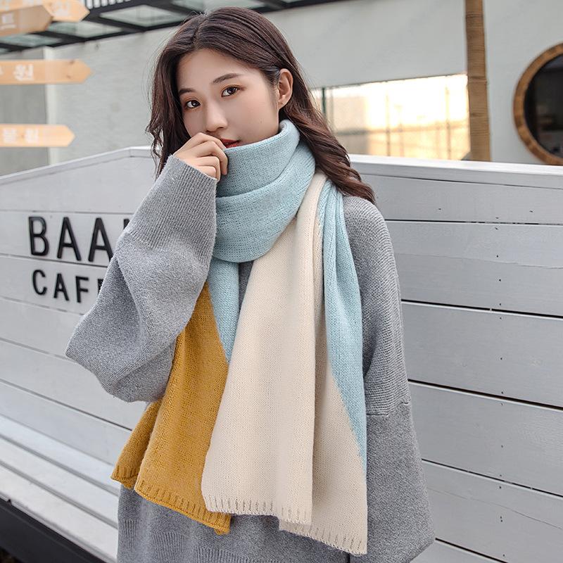 

Scarves Woolen Scarf Women's Korean College Style Versatile Knitting Color Matching Thickened Warm Long Student Neck