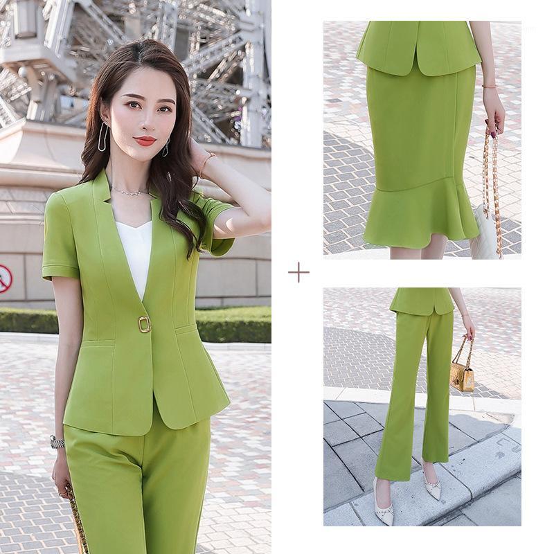 

3-piece Set Womens Skirt Suits Summer Interviewee Formal Overall Short-sleeve Jacket Mermaid Midi Skirt Long Trousers Set Female1, Green 3 pcs