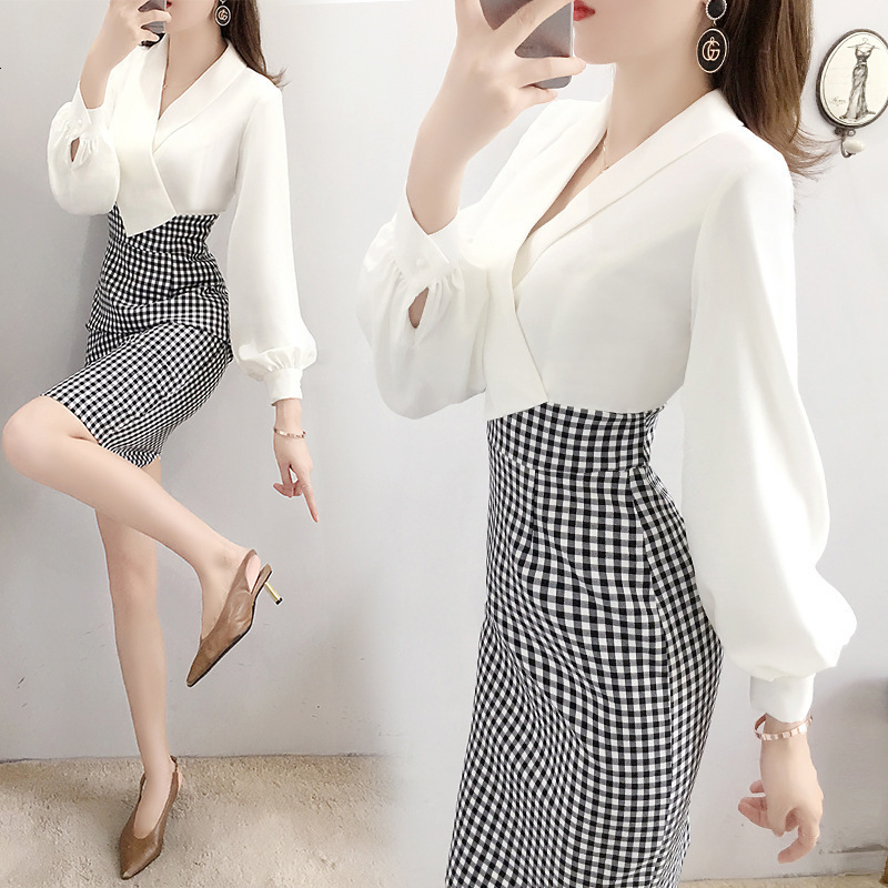 

2021 New spring feminine lapel temperament stylish commuting fashion chess versatile hip-wrapped seam mid-length dress IF42, Picture color