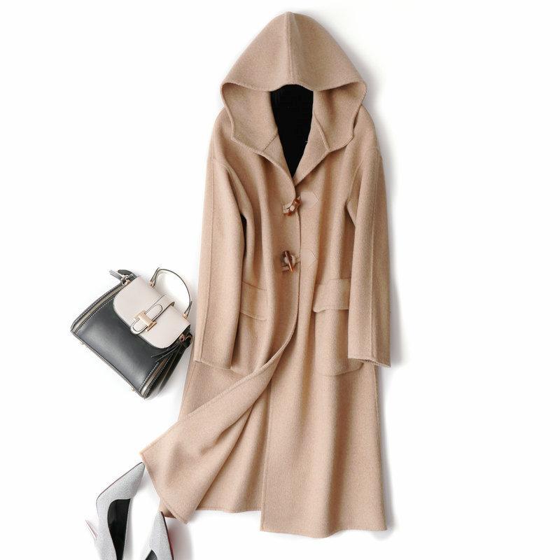 

2020 new woolen coat women long Camel horn buckle double-sided cashmere coat women double sided wool woollen trench