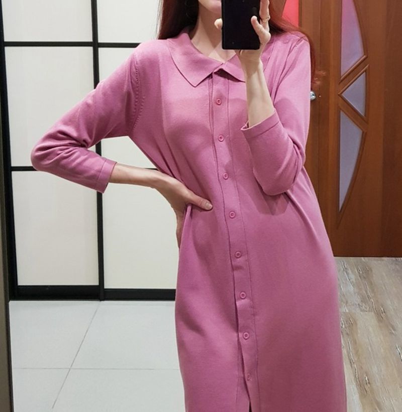 GIGOGOU Turn-down Collar Women Long Knit Dress Autumn Winter Warm Cardigan Sweater Dress Single Breasted Soft Female Jumper Top 201126Z