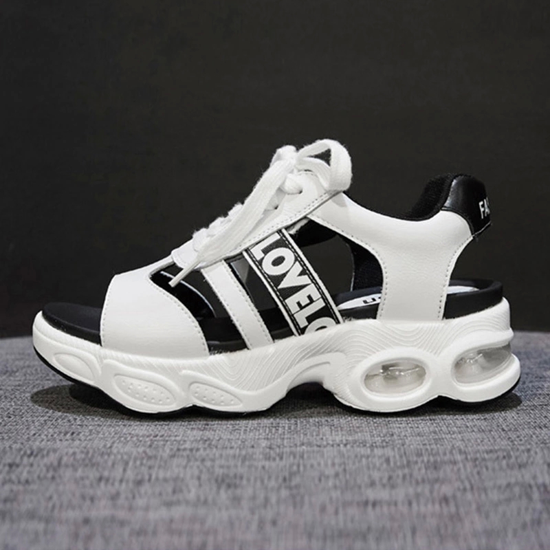 

2020 Genuine Leather Shoes Women Sandals Thick Sole Flat Platform Shoes Sweet Ladies Summer Sneakers Height Increasing 5cm A2420 #uE8I, Black