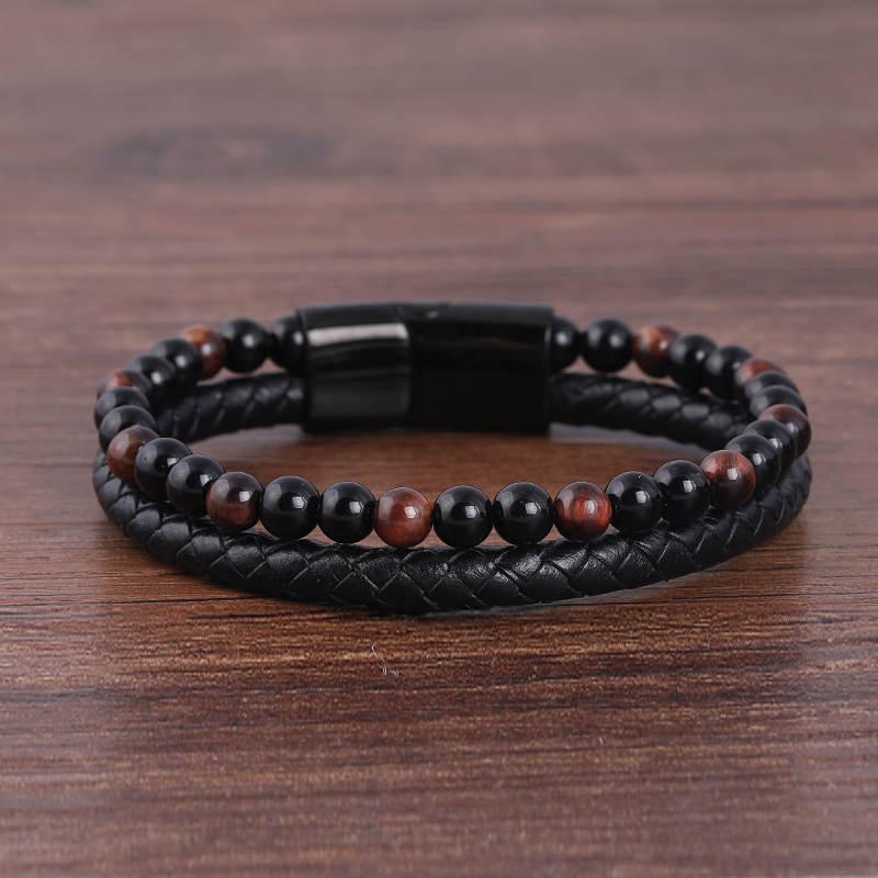 

2020 New 6MM Natural Stone Men Bracelet Black Genuine Leather Magnetic Buckle Bangle Male Jewelry For Birthday Blessing Gift