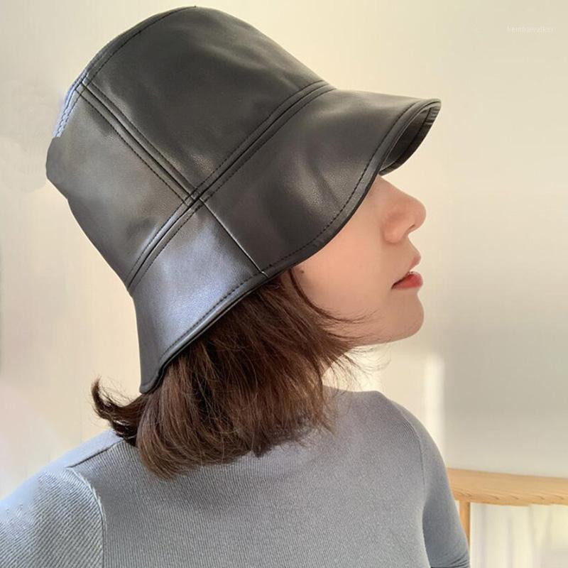 

Wide Brim Hats Soft Leather Women Bucket Hat Fashion Winter Autumn Faux PU Solid Black Lady Panama Caps Female Sunscreen Sun Hats1