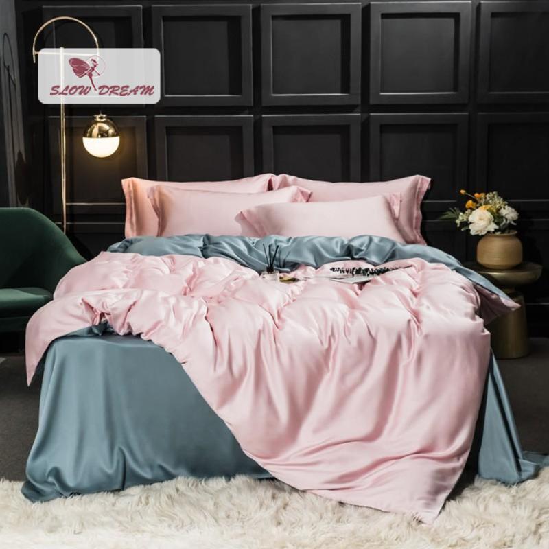 

SlowDream Luxury 100% Silk Pink Gray Bedding Set Beauty Healthy  King Duvet Cover Pillwocase Flat Sheet Or Fitted Sheet, 003