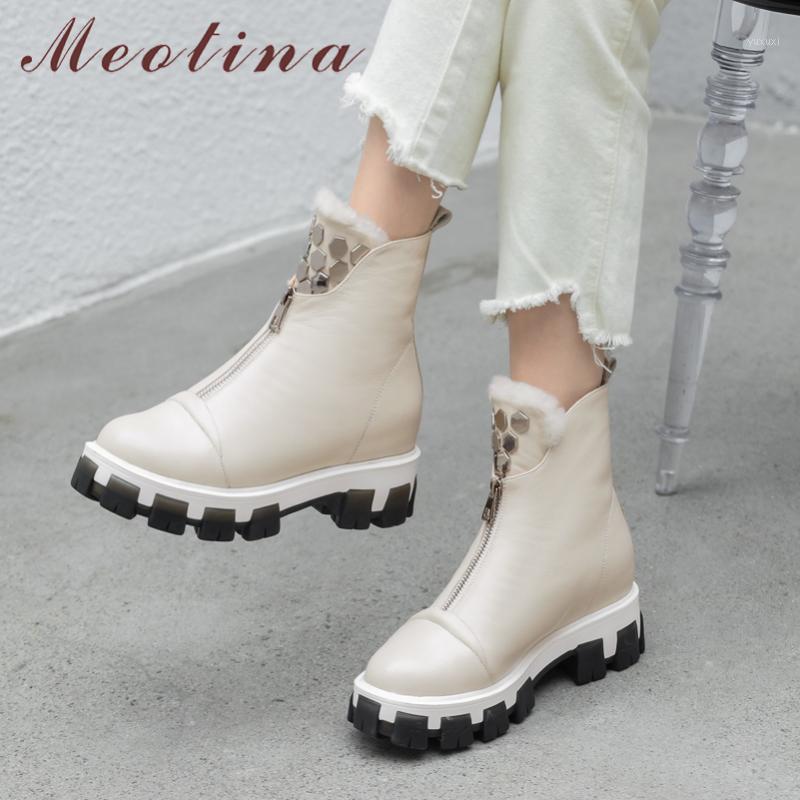 

Meotina Natural Genuine Leather Real Wool Block Heels Ankle Boots Women Snow Boots Warm Zipper Shoes Ladies Winter Plus Size 431, Beige