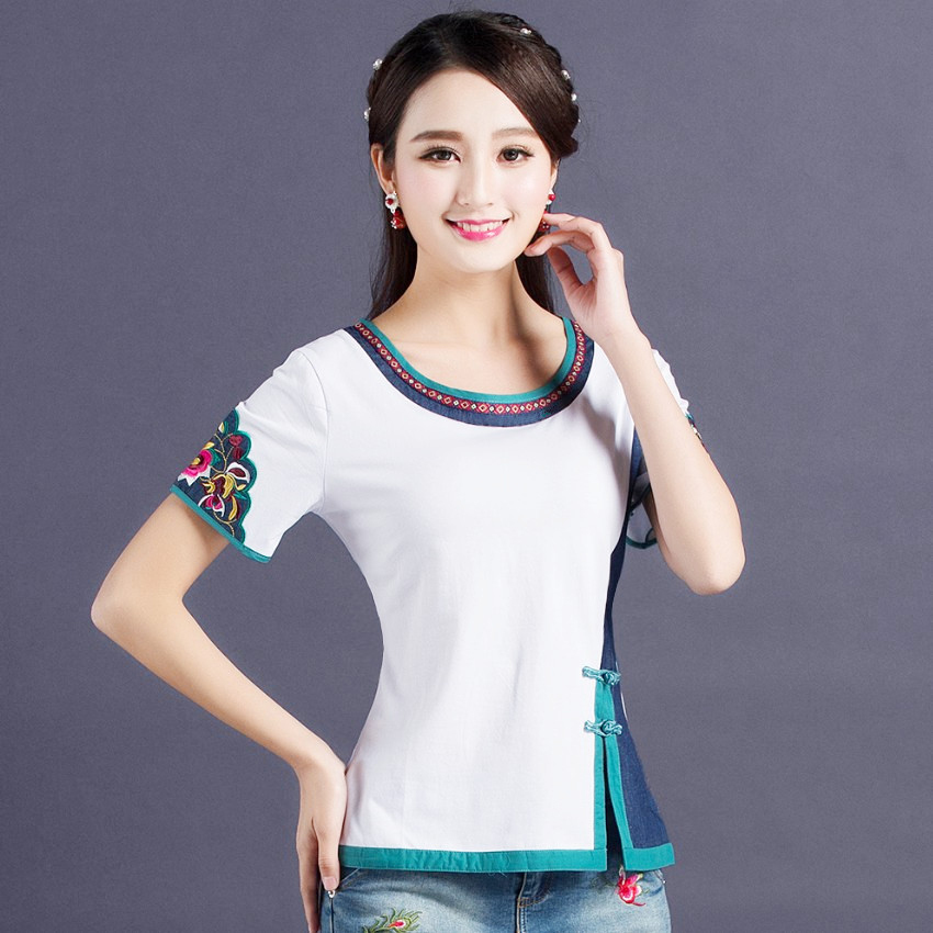 

Ethnic Embroidery White T Shirt Women Patchwork Plus size Ladies Elegant 95% Cotton Bottoming Tees Shirts O neck Slim fit Tops Y200111, Green short sleeve