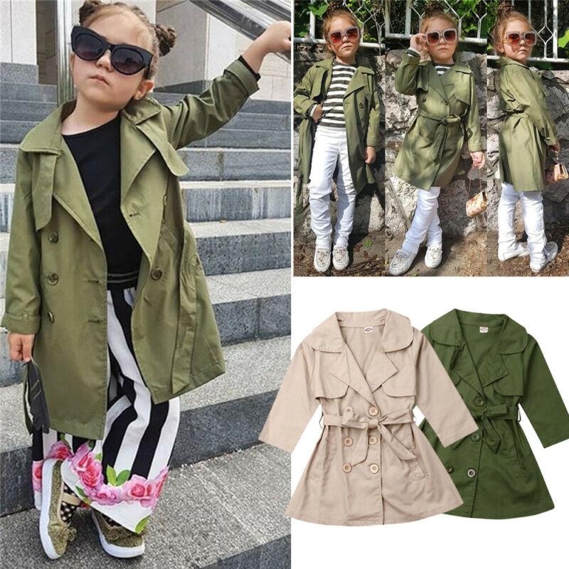 

CANIS Girl Baby Kid 2020 Autumn Solid Color Button Bandage Trench Coat Jacket Outwear Overcoat Set 2 3 4 5 6 7 Y, Army green