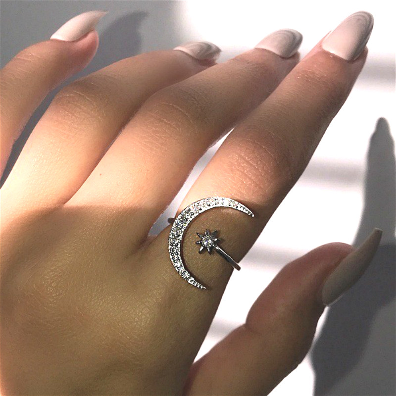 

New Style Personality Crescent Moon Ring Lady Fashion Zircon Crystal Star Moon Open Adjustable Charm Women Ring Jewelry