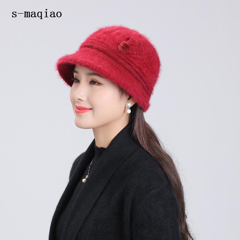 

2020 Hot Sale Winter Women Elegant Basin Hat Mixed Fur Middle-Aged Mother Hat Warm Thick Beanies Velvet Knitted, Pink
