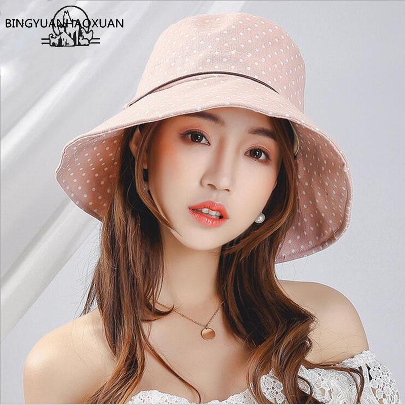 

Wide Brim Hats BINGYUANHAOXUAN 2021 Dot Sun Hat Summer Cotton Collapsible Sunhat For Lady Brand Classic Boater Cap, Beige