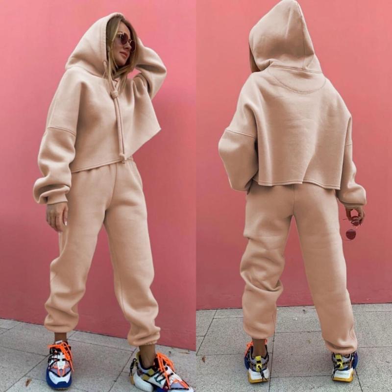 

2021 Women' solid-color fleece loose hoodie with straight pants Spring and Autumn fashion street skateboard hoodie suit, Picture color