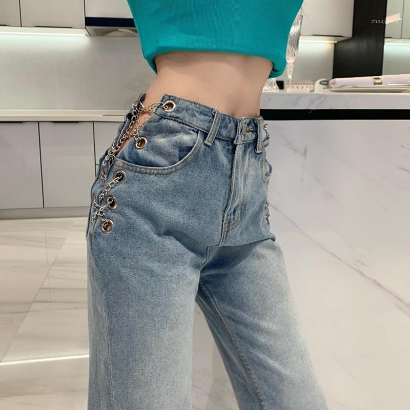 

Women' Jeans Spring Fashion Sexy Chain Female High Waist Straight Pants Femme Street Women Denim, Blue
