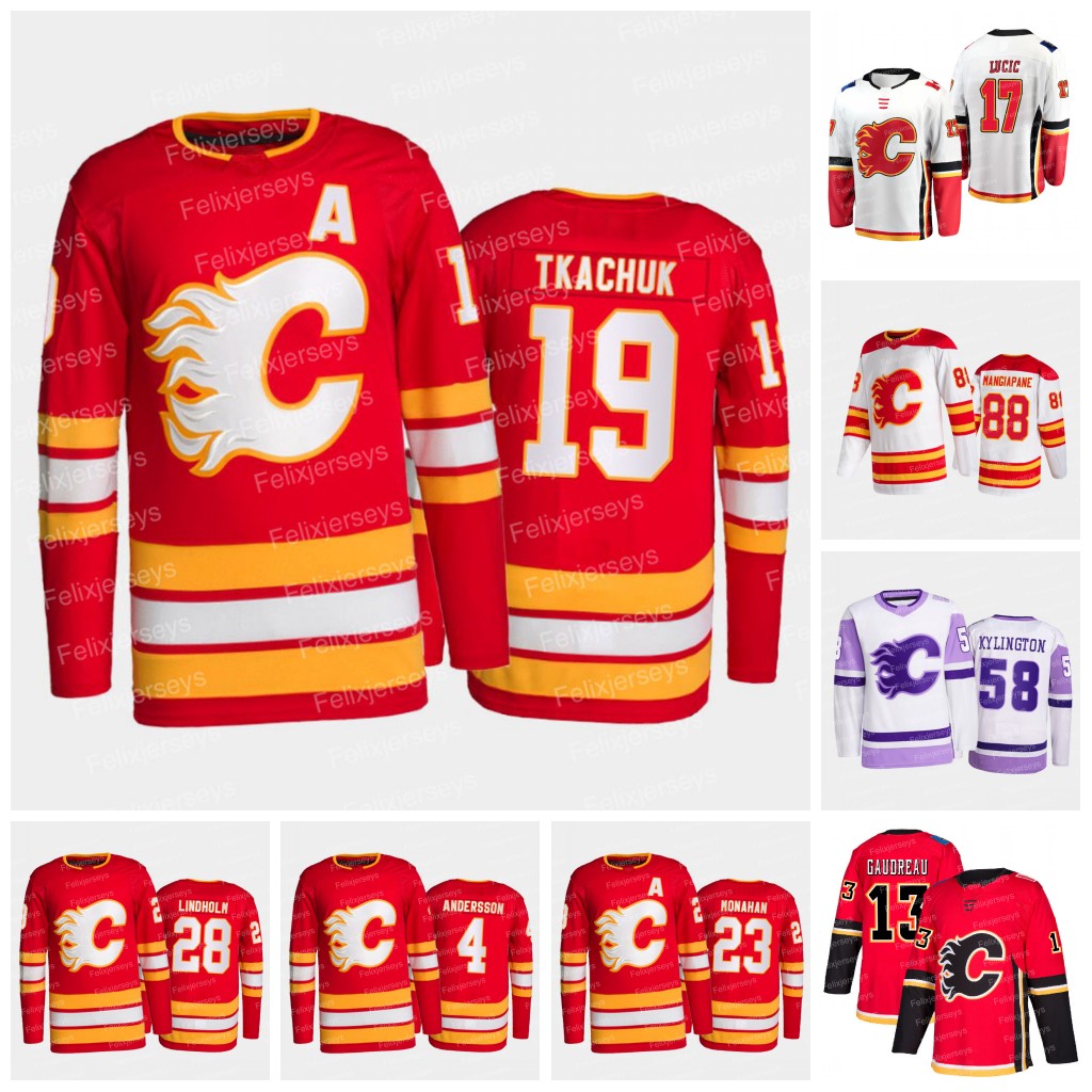 

Calgary Flames Johnny Gaudreau Hockey Jerseys Matthew Tkachuk Elias Lindholm Andrew Mangiapane Oliver Kylington Rasmus Andersson Sean Monaha, Black;red