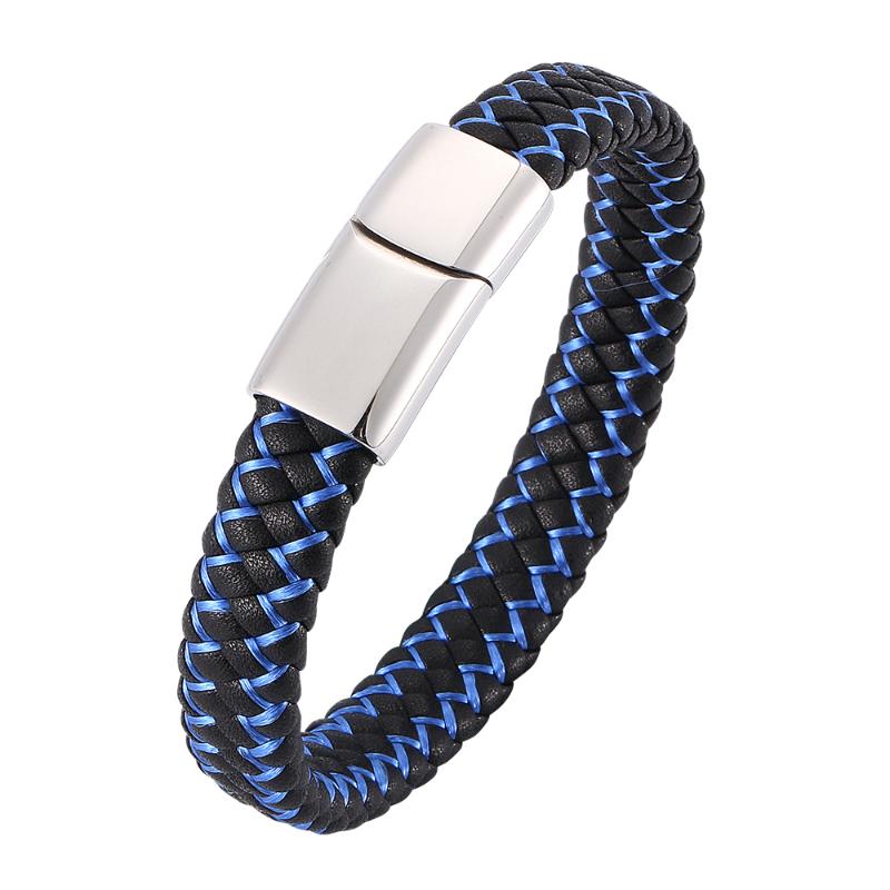 

Retro Business Men's Blue Black Woven Leather Bracelet Stainless Steel Magnetic Buckle Fashion Simple Charm Bracelet 7-SP0002