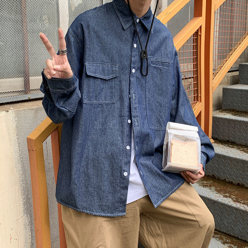 

2021 New Men's Solid Color Long Sleeve Denim Shirt Woman Vintage Oversize Tops Streetwear Man Casual Clothing Hip Hop Gyje, Lightblue