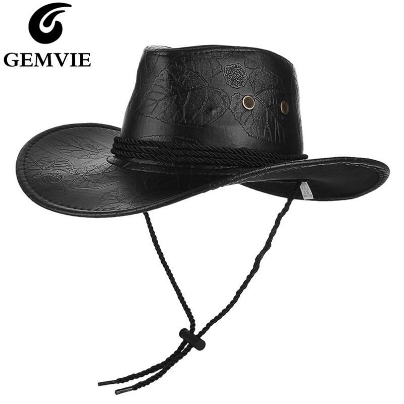 

GEMVIE Classical Western Cowboy Hat For Men Women PU Leather Wide Brim Outdoor Sunhat With Adjustable Lace-Up Breathable Holes, Black