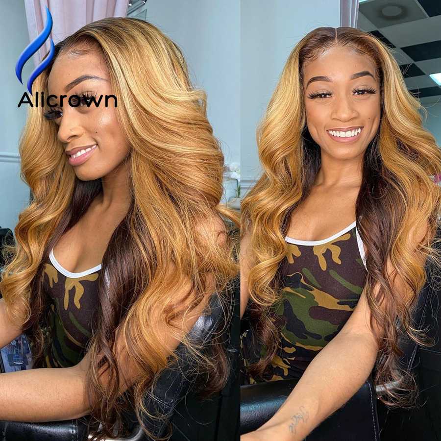 

ALICROWN Highlight Ombre T-part Lace Front Human Hair Wigs 180% Density Brazilian Non-Remy Hair Lace Wigs Bleached Knots, T-part lace wig