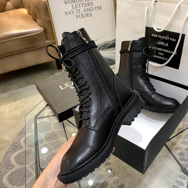 

Sheepskin Zipper&lace up riding boots women shoes 2020 thick heels mid-calf botas mujer genuine leather knight boots size 34-401, Plush