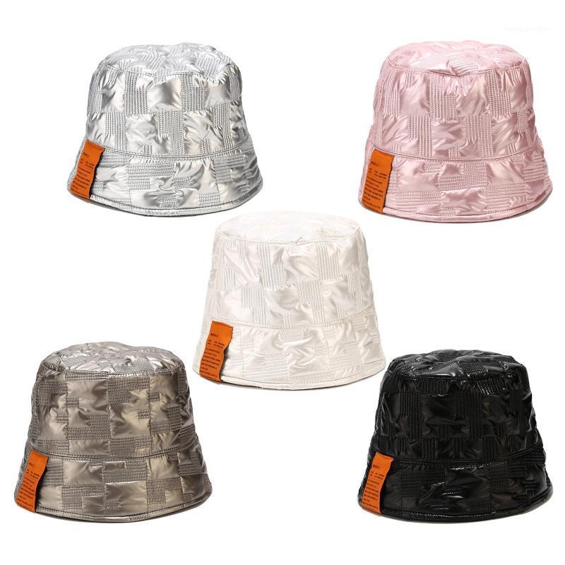 

Wide Brim Hats Women Faux Leather Dome Bucket Hat Shiny Plaid Solid Color Letters Label Bell-Shaped Harajuku Panama Fisherman Cap1, Pk