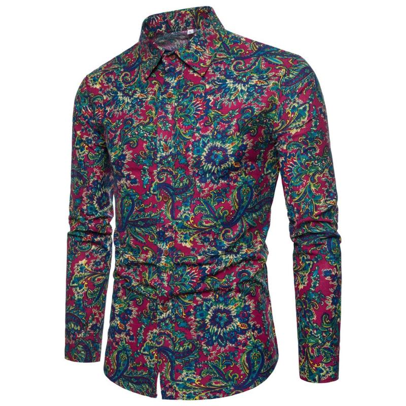 

Retro Men Shirt Flower Pattern Printed Vintage Slim Long Sleeve Cotton Polyester Streetweat Mens Shirts Blouse Top Camisa Hombre, Red